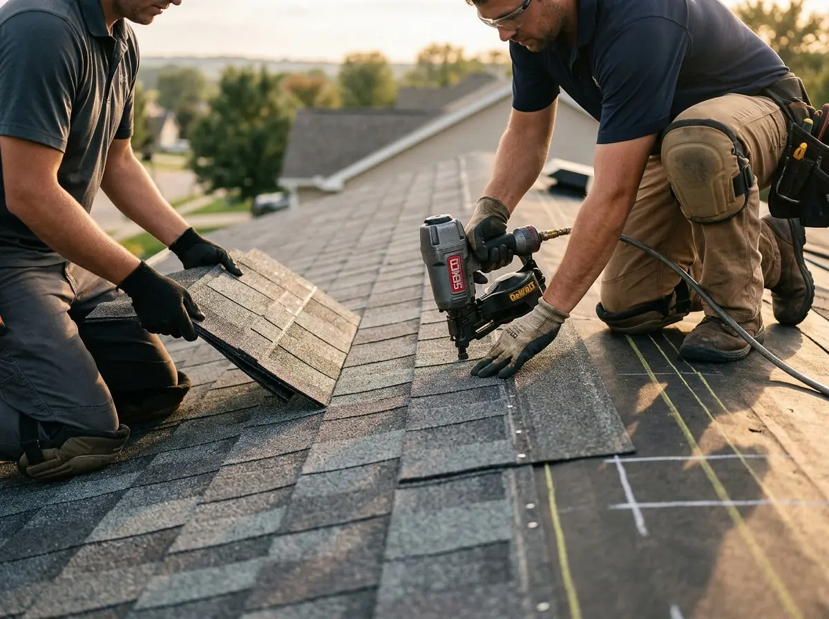 Professional roofer working on a residential roof in Grayslake